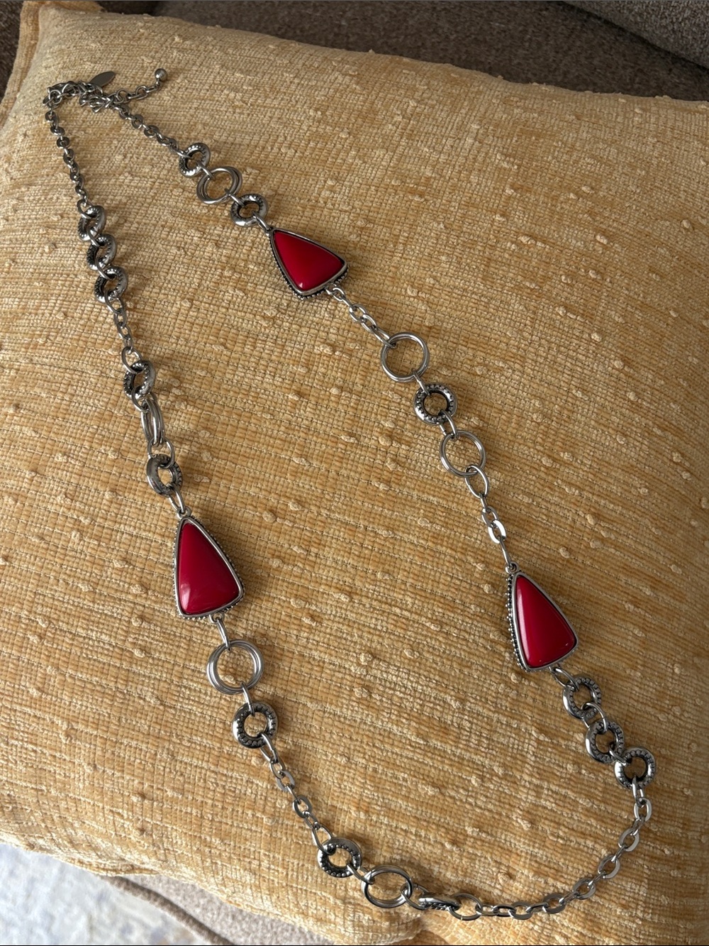 Chico's Silver-Tone Necklace with Red Triangular Accents & Brown Stone